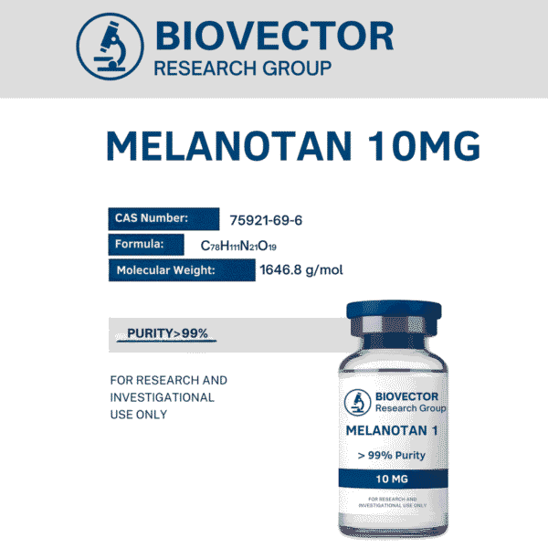 BioVector Research MELANOTAN 1 peptide vial – high-purity laboratory-grade compound for authorized research use only.