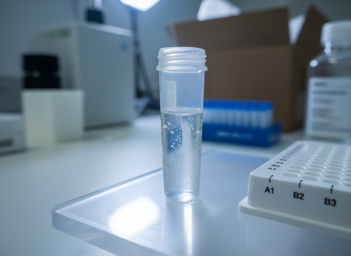 A close-up, high-resolution macro shot of a clear microcentrifuge tube filled with a faintly opalescent peptide solution, tiny bubbles clinging to the inner wall. The tube is placed on a frosted acrylic lab tray, next to a labeled 96-well plate partially visible at the frame edge. Cool, diffused studio lighting from above and slightly behind creates gentle highlights on the plastic surface and a subtle glow in the liquid, suggesting purity and stability. The background is softly blurred, showing hints of lab equipment and neatly stacked boxes of consumables. Photographic realism with a scientific, calm atmosphere, captured from a slightly elevated angle to emphasize the clarity and precision of research materials.