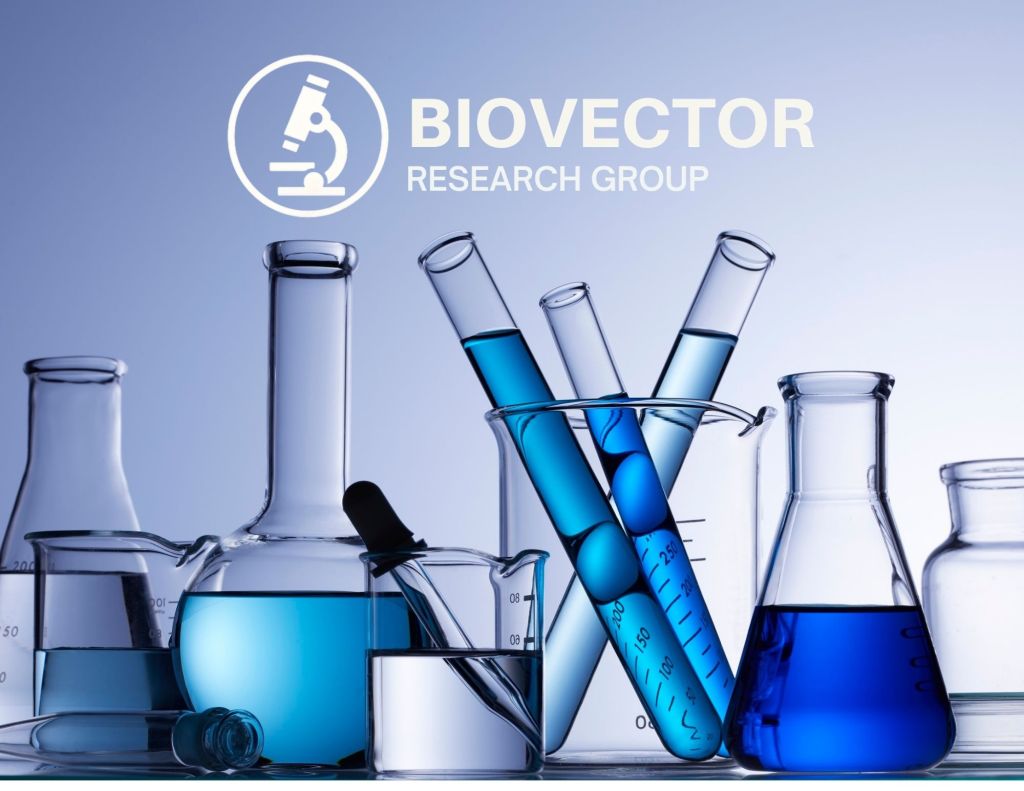 A collection of glass laboratory equipment including flasks and test tubes filled with blue liquids, with the Biovector Research Group logo in the background.