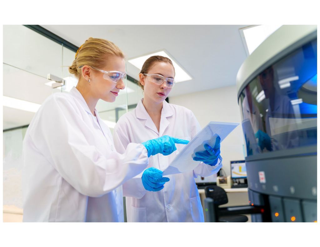 Two women in lab coats and gloves discussing a document in a laboratory setting, with scientific equipment in the background.